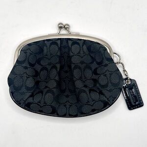 Coach Coin Purse Pouch Kisslock Black Signature Jacquard Monogram C Silver Mini